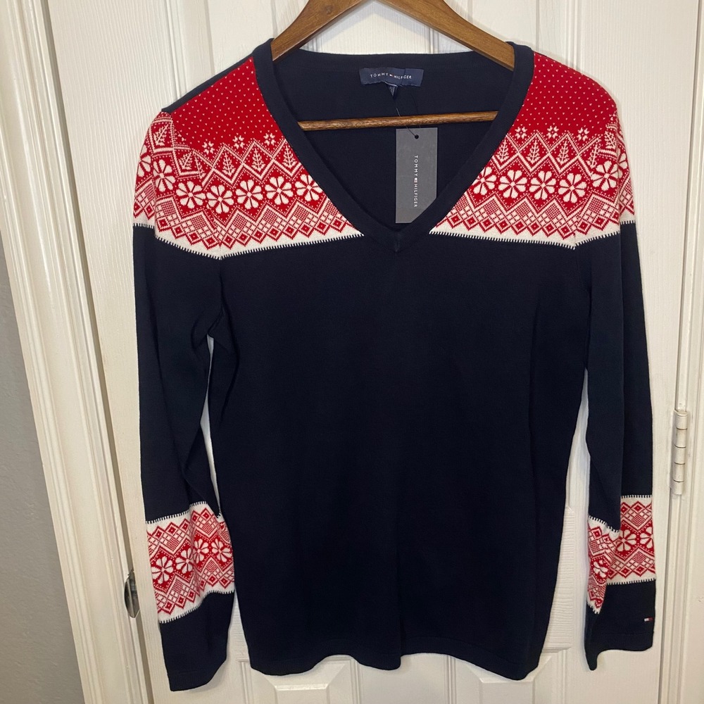 Tommy Hilfiger Women Medium‎ Navy Red Fair Isle V Neck Long Sleeve Sweater NWT